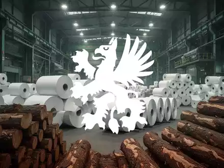Industrielle Papierfabrik mit Papierrollen und Holztexturen in gedimmtem Licht - Foto: über boerse-global.de
