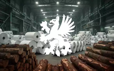 Industrielle Papierfabrik mit Papierrollen und Holztexturen in gedimmtem Licht - Foto: über boerse-global.de