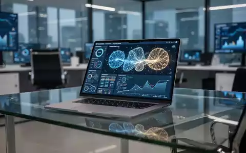 Moderner Büroarbeitsplatz mit Laptop, der fortschrittliche Datenanalysen und KI-Visualisierungen zeigt. - Foto: über boerse-global.de
