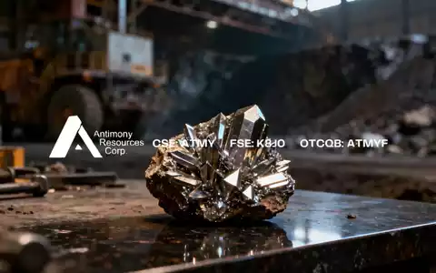 Nahaufnahme eines metallisch glänzenden Antimon-Erzgesteins auf einem dunklen Arbeitstisch in einer Industrieumgebung. - Foto: über boerse-global.de