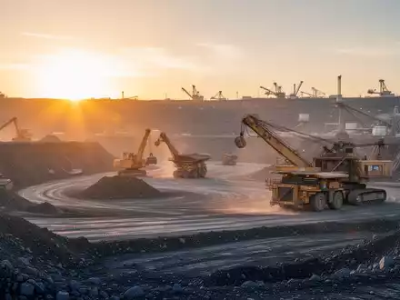 Modernes Tagebaugelände mit Bergbaumaschinen bei Sonnenaufgang. - Foto: über boerse-global.de