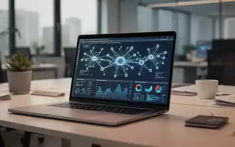 Moderner Büroarbeitsplatz mit Laptop, der komplexe Datenvisualisierungen und neuronale Netzwerke für KI-Compliance zeigt. - Foto: über boerse-global.de