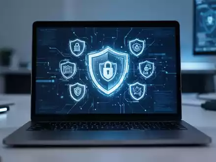 Moderner Laptop-Bildschirm mit abstrakten digitalen Sicherheitssymbolen für Software-Updates und Systemschutz. - Foto: über boerse-global.de