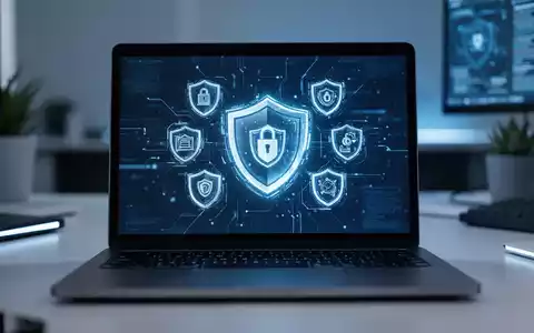 Moderner Laptop-Bildschirm mit abstrakten digitalen Sicherheitssymbolen für Software-Updates und Systemschutz. - Foto: über boerse-global.de