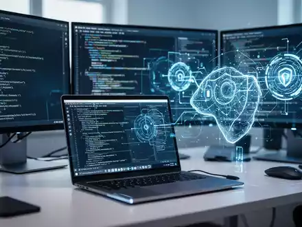 Moderner Arbeitsplatz mit Monitoren, die Code und digitale Sicherheitsüberlagerungen zeigen, die KI-gestützte Software-Scans darstellen. - Foto: über boerse-global.de