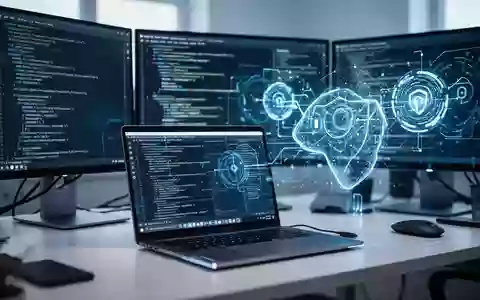 Moderner Arbeitsplatz mit Monitoren, die Code und digitale Sicherheitsüberlagerungen zeigen, die KI-gestützte Software-Scans darstellen. - Foto: über boerse-global.de
