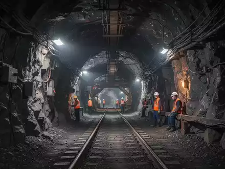 Ein dunkler, industrieller Stollen in einer Untertage-Mine mit ausgeleuchteten Felswänden. - Foto: über boerse-global.de