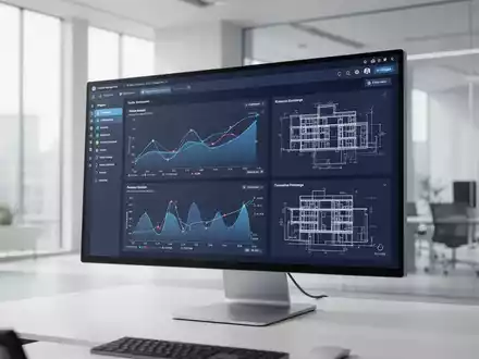 Digitales Dashboard mit technischen Gebäudeplänen und Datenvisualisierungen in einem modernen Architekturbüro. - Foto: über boerse-global.de