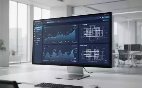 Digitales Dashboard mit technischen Gebäudeplänen und Datenvisualisierungen in einem modernen Architekturbüro. - Foto: über boerse-global.de