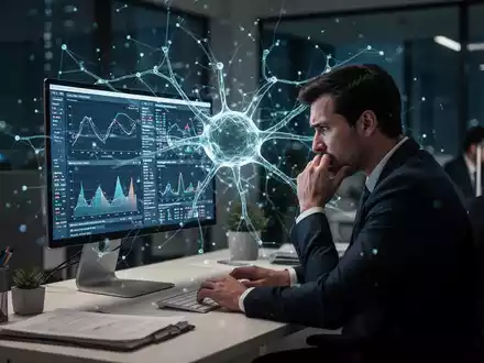 Ein gestresster Angestellter vor einem Bildschirm mit Datenanalysen, symbolisiert durch eine digitale KI-Struktur. - Foto: über boerse-global.de