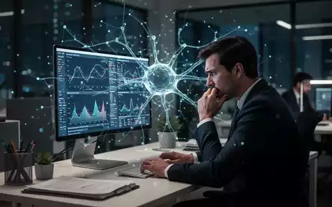 Ein gestresster Angestellter vor einem Bildschirm mit Datenanalysen, symbolisiert durch eine digitale KI-Struktur. - Foto: über boerse-global.de