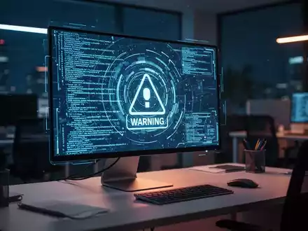 Ein beleuchteter Computerbildschirm mit abstraktem Programmcode und digitalen Sicherheitssymbolen in einem dunklen Büro. - Foto: über boerse-global.de