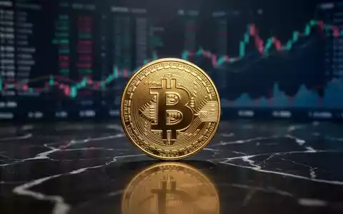 Eine goldene Bitcoin-Münze auf einer dunklen, reflektierenden Oberfläche vor einem unscharfen Finanzhintergrund. - Foto: über boerse-global.de