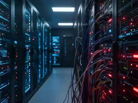 Glühende Server-Racks in einem dunklen Rechenzentrum symbolisieren einen Cyberangriff auf die digitale Infrastruktur. - Foto: über boerse-global.de