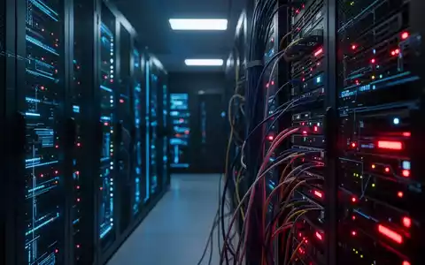 Glühende Server-Racks in einem dunklen Rechenzentrum symbolisieren einen Cyberangriff auf die digitale Infrastruktur. - Foto: über boerse-global.de
