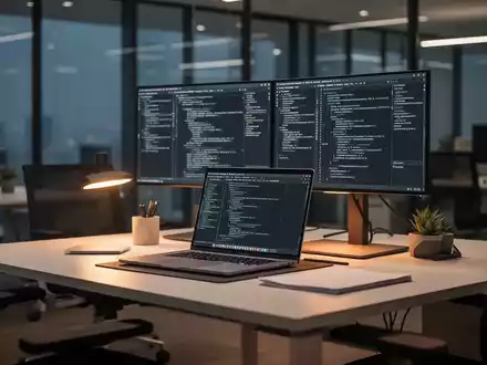 Moderner, ergonomischer Büroarbeitsplatz mit Laptop und Bildschirmen in einer professionellen Büroumgebung. - Foto: über boerse-global.de