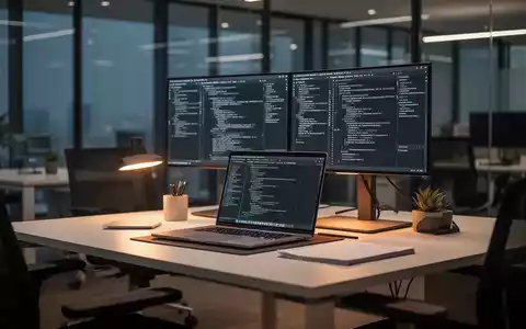 Moderner, ergonomischer Büroarbeitsplatz mit Laptop und Bildschirmen in einer professionellen Büroumgebung. - Foto: über boerse-global.de