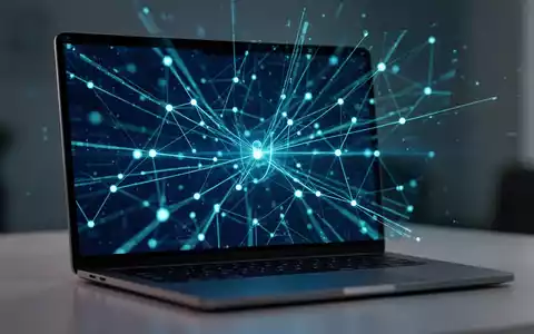 Abstrakte digitale Netzwerk-Visualisierung auf einem Laptop-Bildschirm, die Datensicherheit und Verschlüsselung darstellt. - Foto: über boerse-global.de