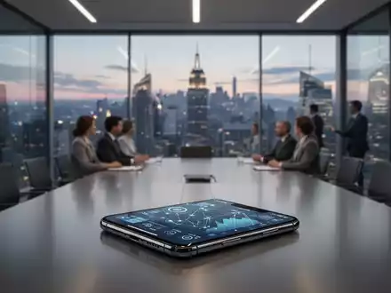 Ein modernes Büro mit einem Smartphone, das eine Finanz-App zeigt, vor einer verschwommenen Skyline bei Dämmerung. - Foto: über boerse-global.de