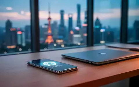 Moderner Büroarbeitsplatz mit Smartphone und Laptop, Blick auf verschwommene Stadtsilhouette. - Foto: über boerse-global.de