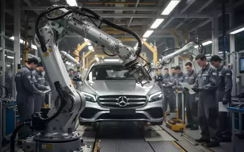 Arbeitsprozess in einer modernen Mercedes-Benz Montagehalle mit Fokus auf Fertigungsroboter und Industriearbeiter. - Foto: über boerse-global.de