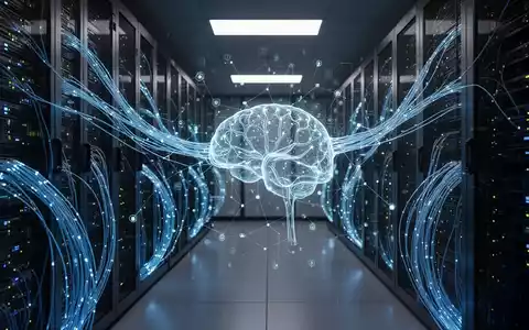 Modern server room with glowing blue cables and a digital neural network overlay representing AI security risks. - Foto: über boerse-global.de