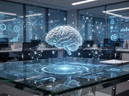 Moderner Büroarbeitsplatz mit holografischen Datenvisualisierungen und digitalen neuronalen Netzen. - Foto: über boerse-global.de