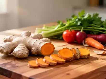 Frische Zutaten wie Ingwer und Kurkuma auf einem Holztisch als Symbol für eine gesunde Ernährungstherapie. - Foto: über boerse-global.de