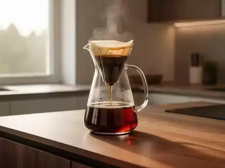 Frisch gebrühter Filterkaffee in einer Glaskaraffe auf einem modernen Holztisch bei natürlichem Morgenlicht. - Foto: über boerse-global.de
