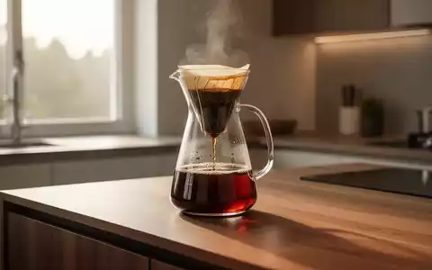 Frisch gebrühter Filterkaffee in einer Glaskaraffe auf einem modernen Holztisch bei natürlichem Morgenlicht. - Foto: über boerse-global.de