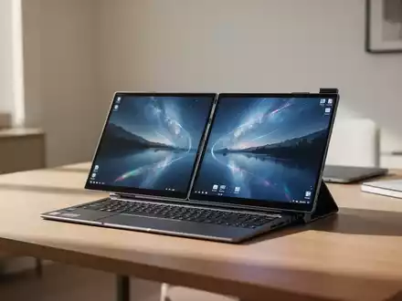 Ein moderner, tragbarer Dual-Screen-Monitor steht aufgeklappt auf einem minimalistischen Schreibtisch in einem Büro. - Foto: über boerse-global.de