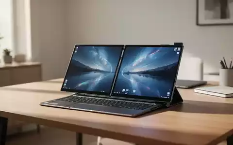 Ein moderner, tragbarer Dual-Screen-Monitor steht aufgeklappt auf einem minimalistischen Schreibtisch in einem Büro. - Foto: über boerse-global.de