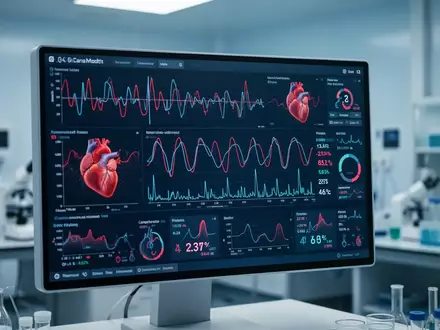 Ein moderner Monitor zeigt medizinische Herz-Kreislauf-Daten und statistische Analysen in einer Forschungsumgebung. - Foto: über boerse-global.de