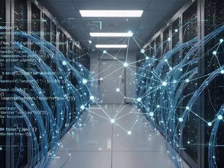 Moderner Serverraum mit digitalen Datenvisualisierungen und leuchtenden Netzwerkverbindungen, die SQL- und KI-Integration darstellen. - Foto: über boerse-global.de