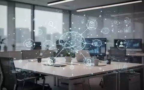 Abstraktes digitales Interface mit Daten-Icons und neuronalen Netzwerken in einem modernen Büro als Symbol für EU-KI-Transparenz. - Foto: über boerse-global.de