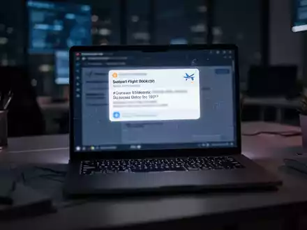 Laptop-Bildschirm mit einer verdĂ€chtigen E-Mail zur Flugbuchung in einem abgedunkelten BĂŒro. - Foto: ĂŒber boerse-global.de