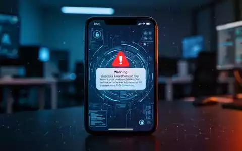 Ein Smartphone-Display zeigt eine Sicherheitswarnung vor einer gefährlichen APK-Datei in einer düsteren Büroumgebung. - Foto: über boerse-global.de