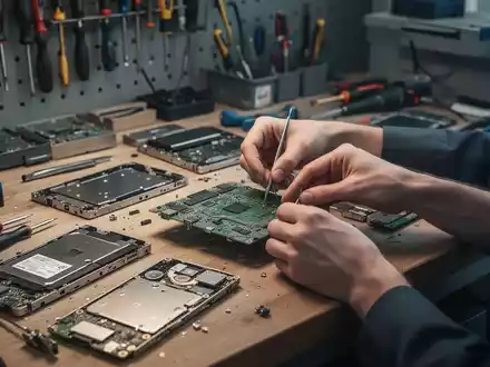 Ein professionell ausgestatteter Reparaturarbeitsplatz mit Werkzeugen und zerlegten elektronischen Geräten. - Foto: über boerse-global.de