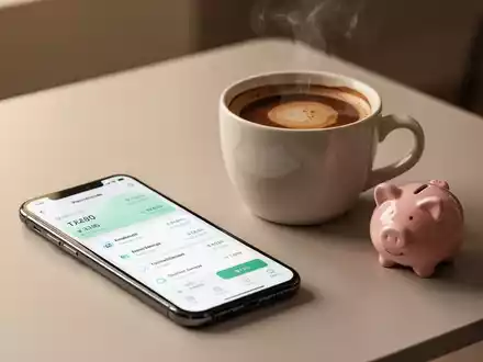 Ein minimalistischer Schreibtisch mit Smartphone, Kaffeetasse und Sparschwein als Symbol für modernes, entspanntes Sparen. - Foto: über boerse-global.de