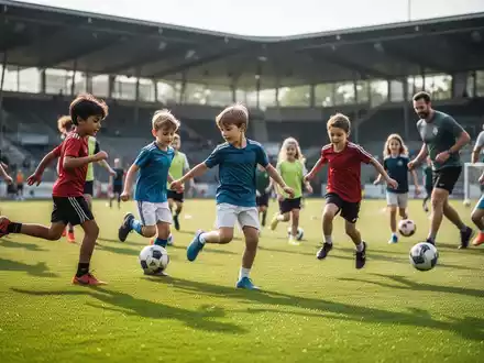 Kinder und Erwachsene auf einem Fußballplatz bei einer gemeinsamen sportlichen Aktivität für betriebliche Gesundheitsförderung. - Foto: über boerse-global.de