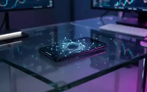 Ein modernes, minimalistisches Büro-Setup mit einer digitalen Visualisierung eines Blockchain-Netzwerks auf einem Smartphone. - Foto: über boerse-global.de