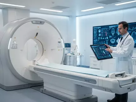 Moderne medizinische Diagnostik-Einrichtung mit einem MRT-Scanner und einem Arzt bei der digitalen Datenauswertung. - Foto: über boerse-global.de