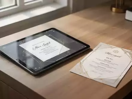 Digitales Tablet mit Eventeinladungsdesign neben gedruckter Menükarte auf professionellem Schreibtisch. - Foto: über boerse-global.de
