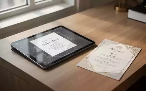 Digitales Tablet mit Eventeinladungsdesign neben gedruckter Menükarte auf professionellem Schreibtisch. - Foto: über boerse-global.de