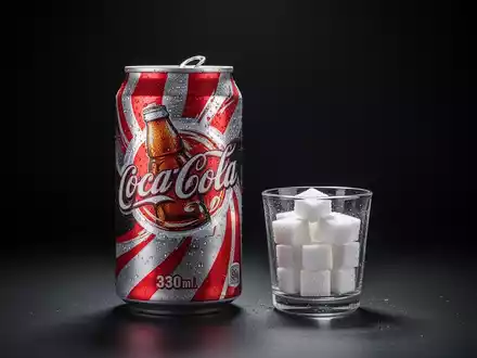 Eine geöffnete Limonadendose neben einem kleinen Glas voller Zuckerwürfel vor dunklem Hintergrund. - Foto: über boerse-global.de