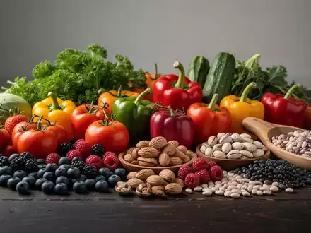 Frische, farbenfrohe Lebensmittel wie Gemüse, Beeren und Nüsse auf einem dunklen Holztisch zur Darstellung entzündungshemmender Ernährung. - Foto: über boerse-global.de