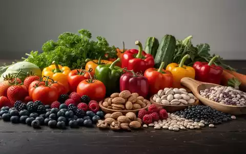 Frische, farbenfrohe Lebensmittel wie Gemüse, Beeren und Nüsse auf einem dunklen Holztisch zur Darstellung entzündungshemmender Ernährung. - Foto: über boerse-global.de