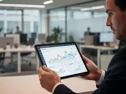 Eine Person betrachtet digitale Wirtschaftsdiagramme auf einem Tablet in einem modernen Bürogebäude. - Foto: über boerse-global.de