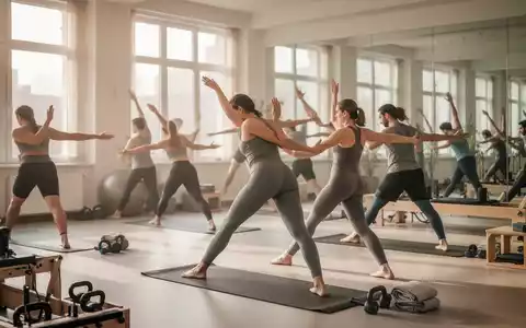 Eine Gruppe von Menschen praktiziert in einem modernen Studio rückenstärkende Gymnastikübungen. - Foto: über boerse-global.de