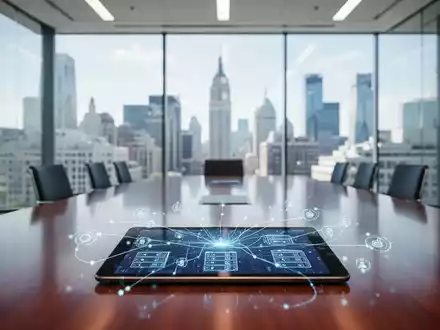 Moderner Bürokonferenzraum mit Tablet, das digitale Netzwerkverbindungen zeigt, Symbol für IT-Kooperation der Regierung. - Foto: über boerse-global.de